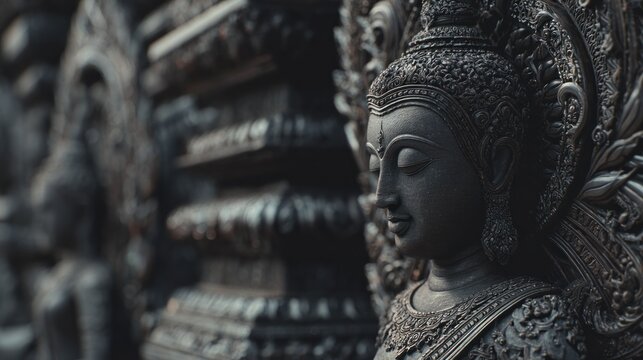 Dark ornate carved Buddha statue in serene temple