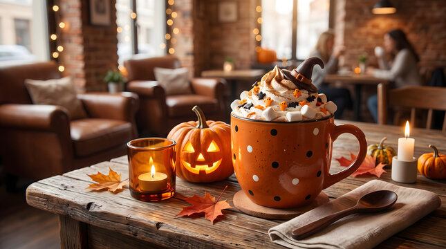 Cozy autumn cafe table featuring a large orange polka dot mug filled with hot chocolate and whipped cream next to a glowing Halloween jack o lantern and warm burning candles in the background