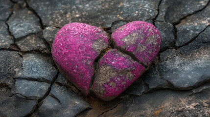 Obraz premium Vibrant pink heart shape on cracked dark ground, symbol of heartbreak and emotional pain