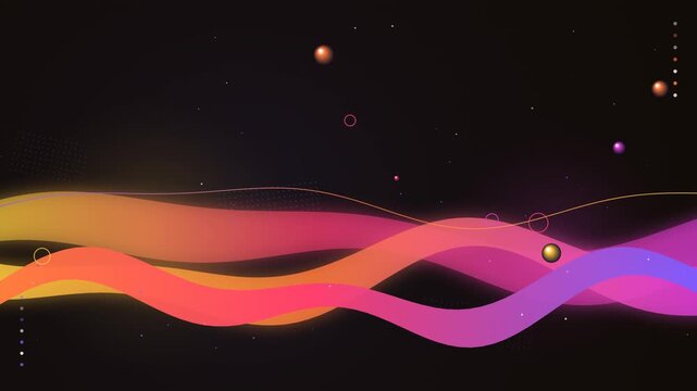 Abstract futuristic background with flowing liquid gradient wave ribbons in pink, purple, blue and cyan over a deep dark backdrop, decorated with floating glossy orbs, outline rings, halftone dot patc