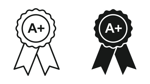 Award ribbon with A+ grade icon set for academic achievement and excellence
