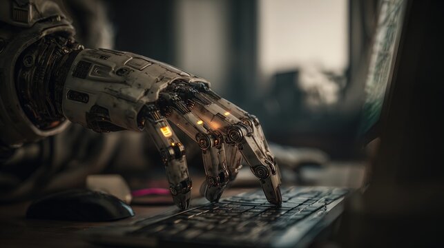 Cyborg hand typing on computer keyboard at desk