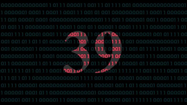 Digital countdown timer number 39 with animated binary code background, for tech presentations thirty-nine