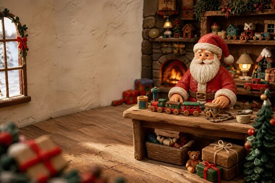 Handcrafted clay scene of Santa Claus in a cozy toy workshop, with wooden shelves, gifts, a fireplace, and warm festive detail.