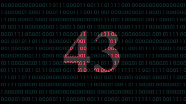 Digital countdown timer number 43 with red binary code matrix background, for technology and, cyber security presentations