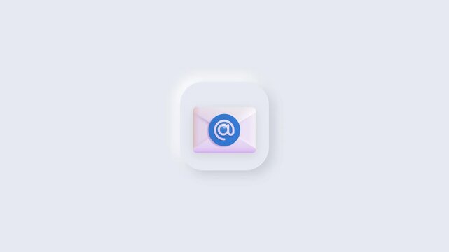 Email icon featuring a 3D letter envelope symbol with an at sign rendered in a clean minimalist software interface design style against a simple soft gray background for digital communication