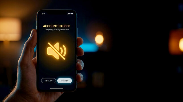 Holding smartphone displaying account paused notification screen for social media content moderation in dark room closeup photo viewpoint showing mute icon
