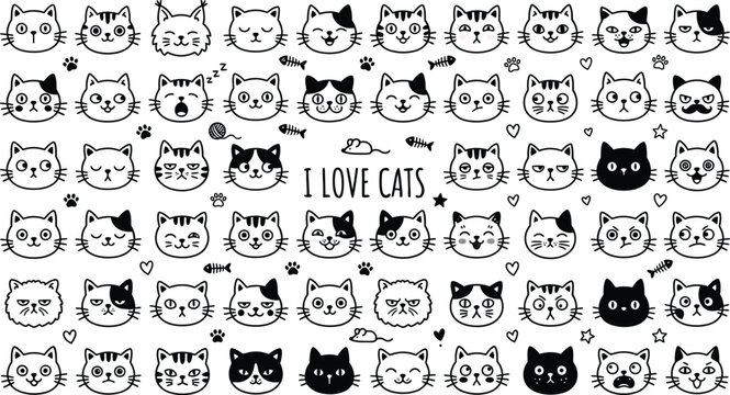 Hand-drawn cat face icons set, cute kitten emoji collection in doodle style, black and white feline character avatars for stickers and patterns
