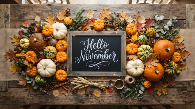 Rustic autumn table setting with pumpkins, fall leaves, pinecones, and a chalkboard sign reading hello november on a wooden background