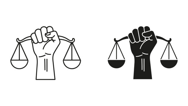 Fist holding scales of justice icon set in outline and solid vector design