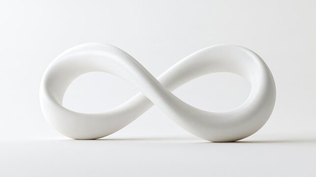 Smooth white ceramic infinity symbol sculpture on a clean minimalist light background representing endless possibilities