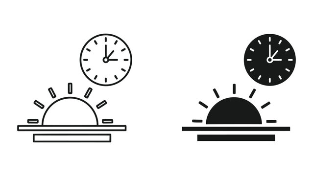 Sunrise and clock vector icon set representing morning time and early schedule start