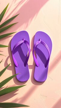 A pair of bright purple flip-flops rests on a textured pink surface, adorned with palm leaves and dappled sunlight.