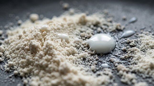 Close-up of white powder and liquid drops on a dark surface.