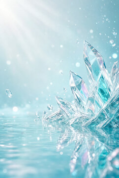 Prismatic ice crystal formation emerging from serene turquoise water with sunbeams rays.