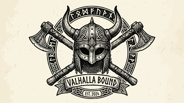Valhalla Bound badge featuring a detailed horned warrior helmet and crossed axes in a classic engraved style.