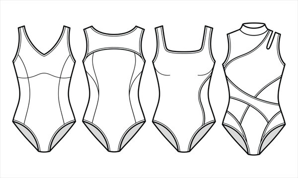 Collection of women's one piece swimsuit and gymnastics leotard fashion flat sketch template technical CAD drawing