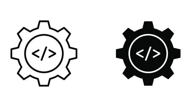 Software development gear cog with brackets code syntax vector icon in two styles