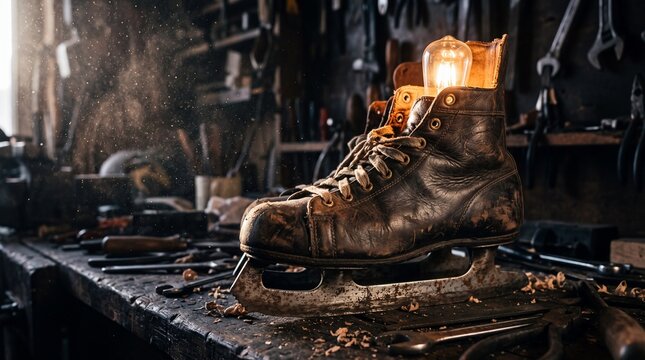 Vintage Ice Skate Lamp With Edison Bulb In Dusty Workshop