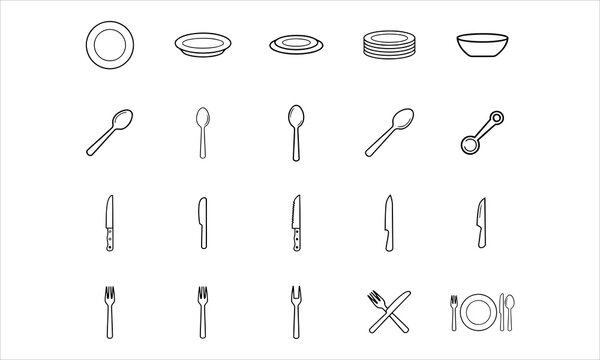 Set outline icons related to plate, spoon, knife and fork. Linear icon collection. Editable stroke. Vector illustration