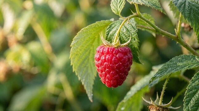 Close up view of a single ripe red raspberry hanging on a lush green vine in a garden during a bright summer harvest season day