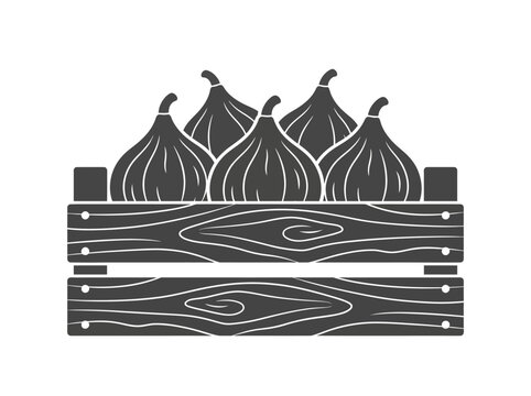Minimalist Black and White Vector of Fresh Figs in a Rustic Wooden Crate Silhouette