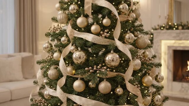 Elegant Christmas tree decorated with gold baubles and silk ribbons shimmering in a cozy living room near a glowing fireplace, luxury festive winter holiday atmosphere.