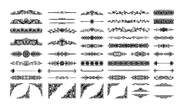 Black Floral Scroll Decorative Dividers and Symmetrical Border Vector Collection