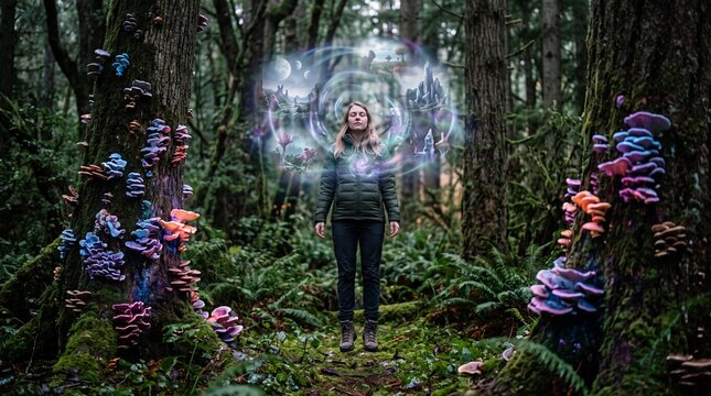 Woman levitating in a magical forest with glowing mushrooms and fantasy portal