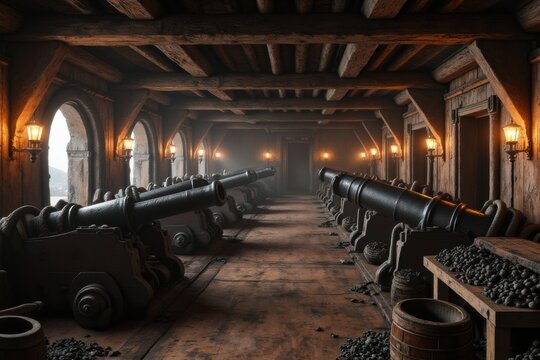 Historischer Piratenschiff-Laderaum mit Kanonen und Holzkisten unter warmem Laternenlicht