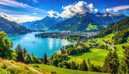 Fototapeta premium A picturesque alpine lake town with verdant green valleys and majestic mountains under a blue sky.