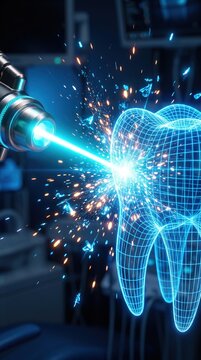 Dental laser treating holographic molar in clinical environment in macro shot with cinematic blue lighting for futuristic medical technology marketing