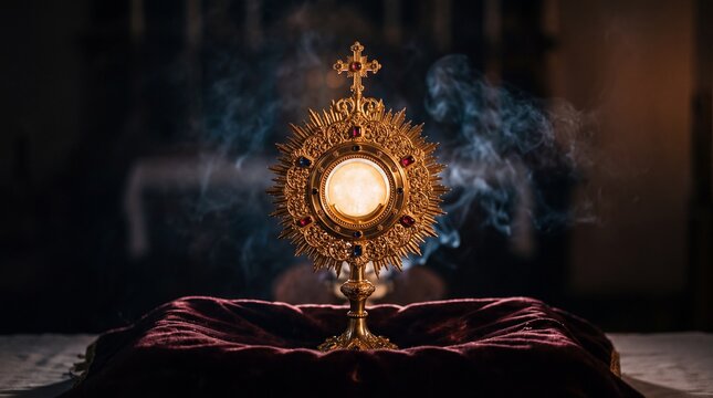 Sacred Monstrance with Host and Incense Smoke in a Church