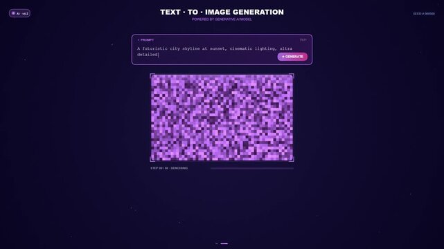 Ai text to image interface generating purple city skyline