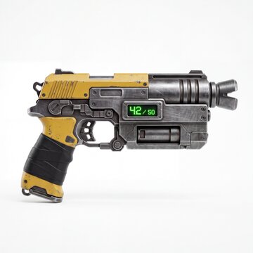 Futuristic Sci Fi Pistol with Digital Display and Yellow Accents