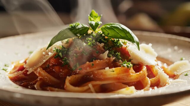 Close-up of steaming hot pasta with red tomato sauce, garnished with fresh basil leaves, chopped green herbs, and thin parmesan cheese shavings on a rustic ceramic plate.