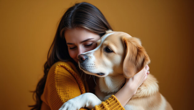 girl with dog portrait, young woman hugging beagle, canis lupus familiaris closeup with affectionate embrace and soft warm studio lighting, girl with dog sharing tender moment,