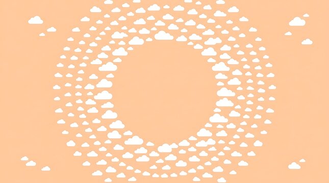 Circular pattern of many small white clouds arranged in concentric rings on a soft peach background, minimalist design