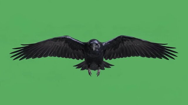 Close up of a black crow flying and flapping its wings