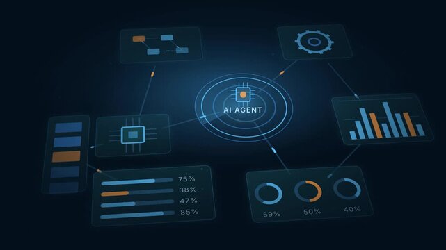 AI Agent Hub Pipeline Visualization, Data Flow Infographic, Animated Metrics Dashboard, Technology Analytics Interface, Digital Data Representation, Futuristic Business Graphics, Machine Learning