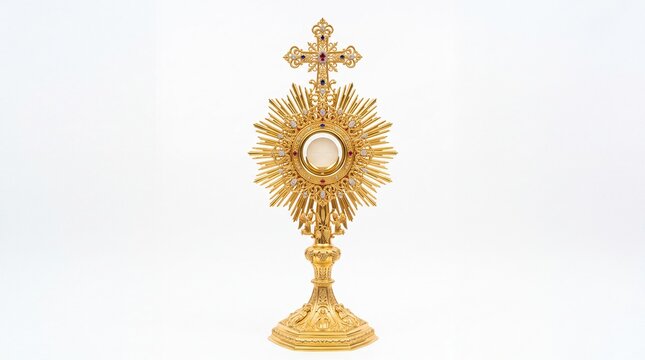 Ornate Golden Monstrance with Sunburst Design and Jewels on White Background