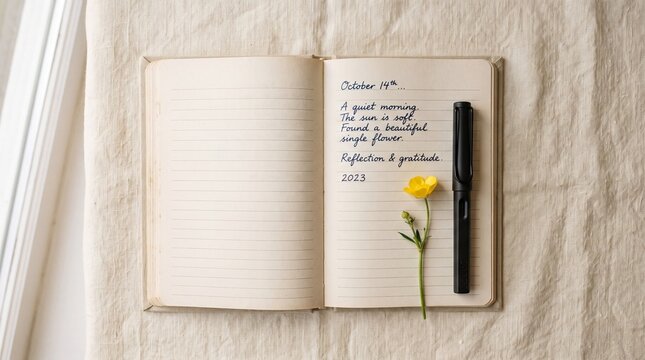 Open journal with handwritten entry and yellow flower next to a pen