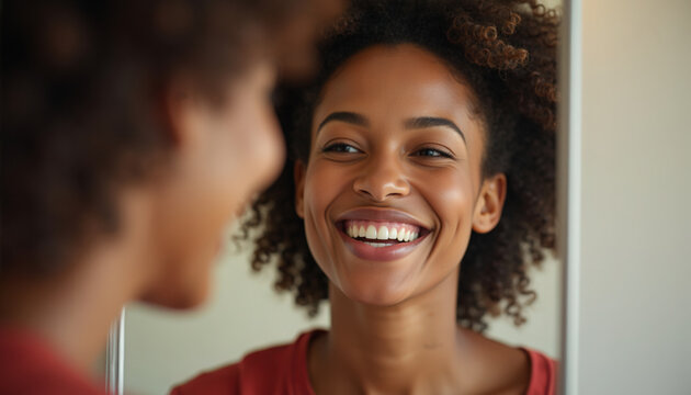 Smiling woman looking in mirror with natural curly hair and radiant expression, close-up portrait showing teeth and skin texture, casual red top and soft indoor lighting,