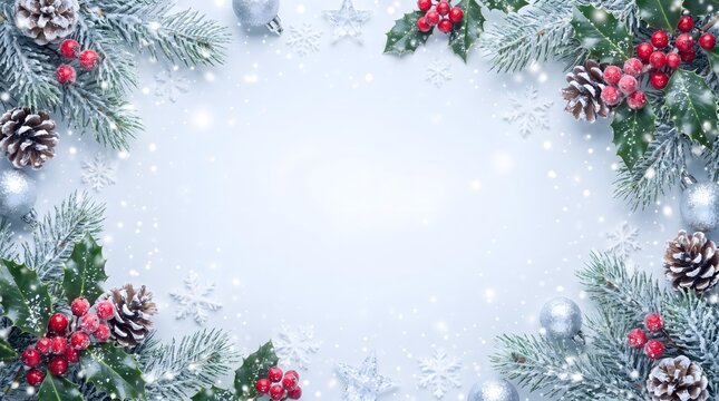 Winter holiday Christmas background with pine branches, holly berries, pinecones and silver baubles on white snow texture. Festive seasonal border design.