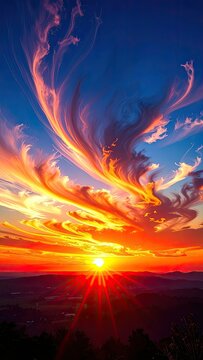 Dramatic sunset paints the sky with fiery hues and vibrant clouds over rolling hills.