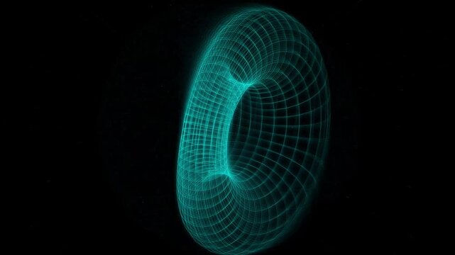 Wireframe 3D torus shape rotating in digital space with blue glowing grid lines digital object geometric 4K video