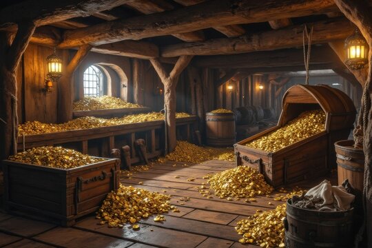 Schatzkammer eines Piratenschiffs mit Gold, Holzkisten und warmem Laternenlicht unter Deck