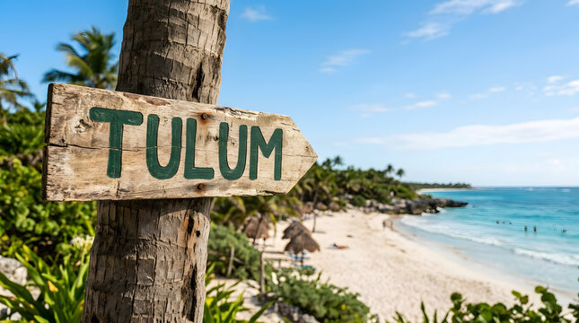 Wooden signpost pointing toward tropical beach destination