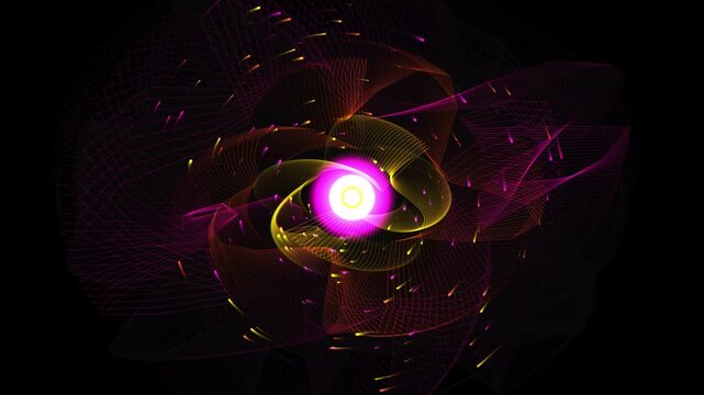Abstract motion background with glowing pink and yellow light particles forming a swirling energy vortex 4K video
