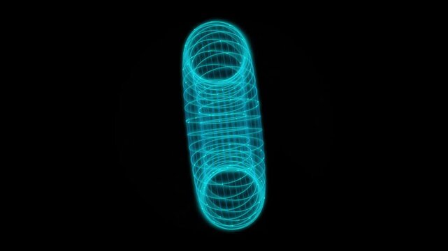 Rotating blue wireframe capsule shape composed of glowing grid lines in 3D digital space digital object 4K video
